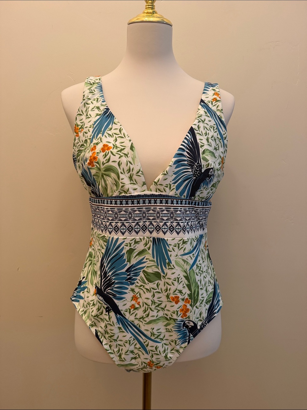Alex Marie Tropical Bird-Print One-Piece Swimsuit in Blue, Green and Orange